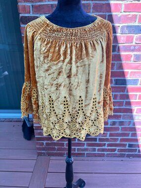 John mark smocked velvet off shoulder eyelet bell sleeve gold top shirt blouse M